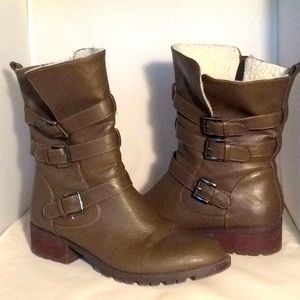 Just Fab Olive Green Zipper Side Faux Buckle Boots